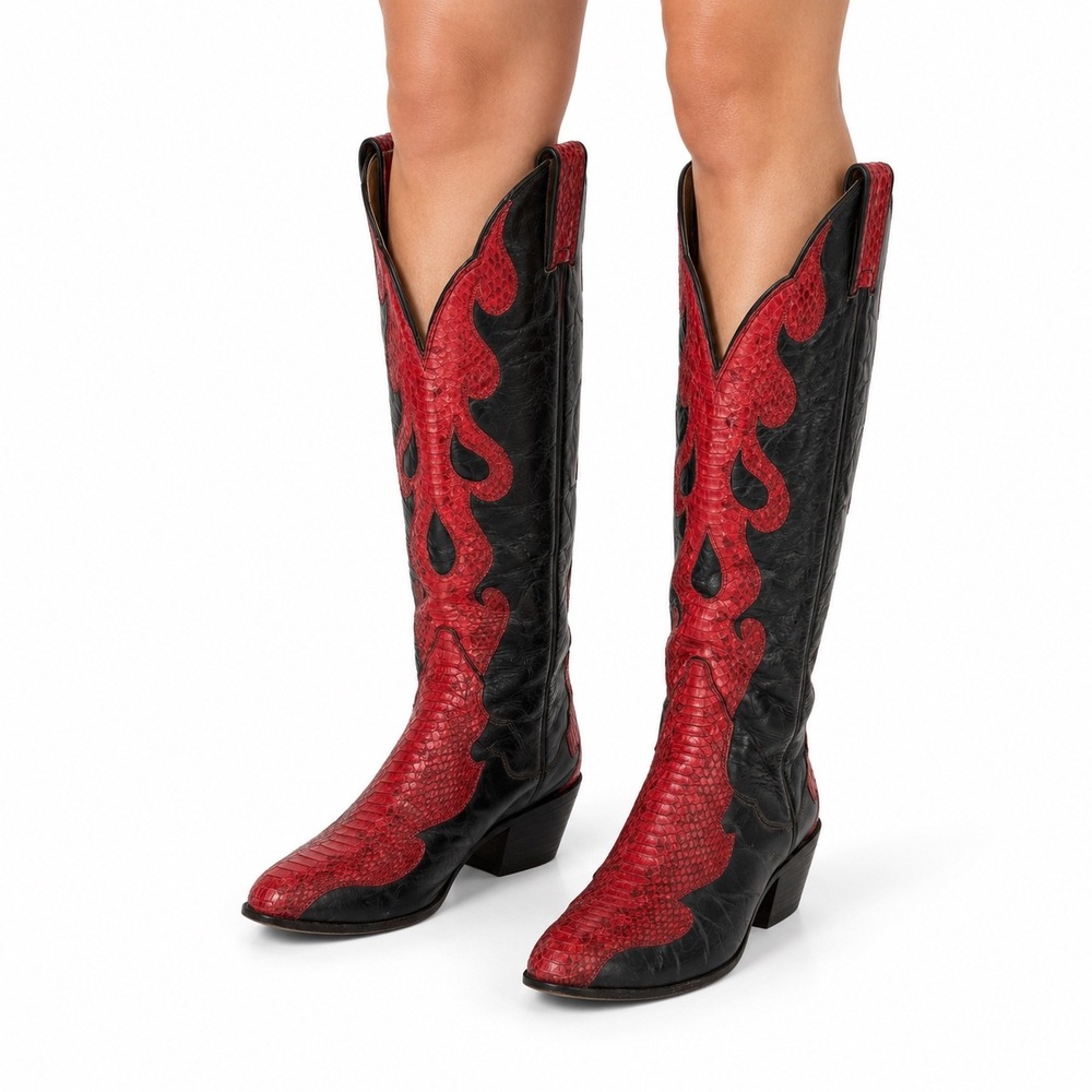 Tony Lama Tall Snakeskin Red Flame Cowboy Western Boots Women 6.5M VTG Leather